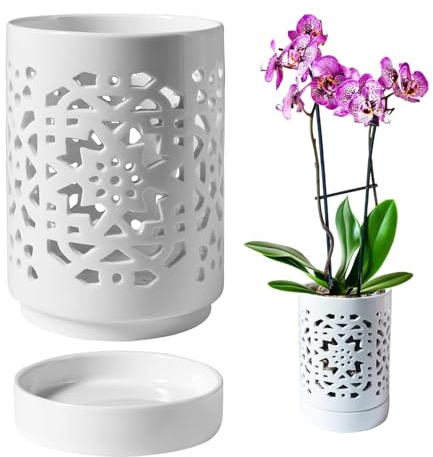 Temeemeg Orchideentöpfe, 12, 7 x 10, 2 cm, Orchideen-Übertopf mit Löchern, Untersetzer und Drainage, Keramik-Pflanztopf für Pflanzen im Innen- und Außenbereich, weiß