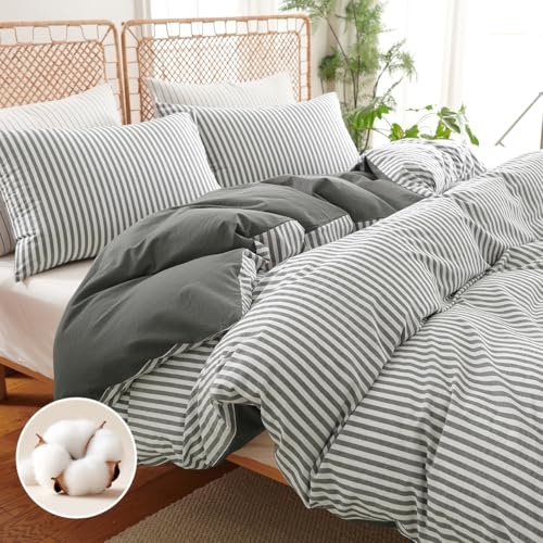 AShanlan Bettwäsche 135x200 Baumwolle Dunkelgrau Gestreift Wendebettwäsche | Bettbezug 135x200 mit Kissenbezug 80x80 cm, ÖKO-TEX Leinenoptik Gewaschene Baumwolle Bettwäsche mit Reißverschluss