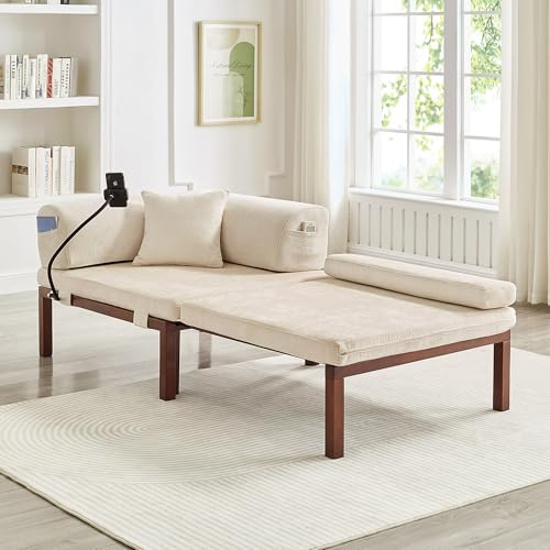 staronce Fällbar soffa i massivt trä – bäddsoffa som gästsäng och fåtölj, multifunktionell utdragbar säng, platsbesparande för små lägenheter, beige