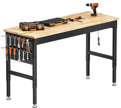 Banco de Trabajo Robusto 152 x 55 cm, Mesa de Trabajo Regulable | 6 Alturas, Tablero de Madera de Caucho, Carga hasta 907 kg, Con Regleta, Panel Perforado y Ganchos