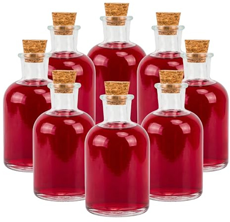 Relaxdays frascos de cristal, set de 8, tapón corcho, 150 ml, transparentes | Para aceite, vinagre, especias, licores