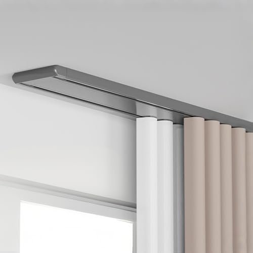 Kraftig gardinstång i aluminium – förenad dubbelspår takmontering för husbil vardagsrum sjukhus sovrum 1-6 m justerbar (grå 2,1 m)