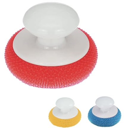 LOLA Plastic Mesh Non-Scratch Scouring Pad, Hand Saving Comfort Knob, Red, Blue or Yellow It's Random, Clean Pots, Pans, Sinks, 1 Count