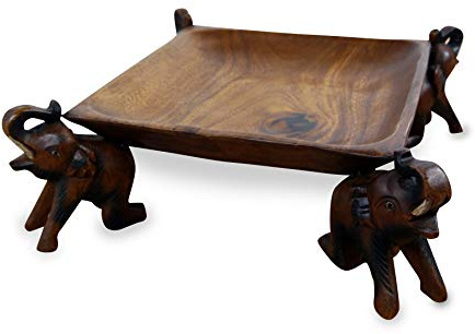 livasia Obstschale, Gebäckschale mit Elefanten aus Holz, Brotschale, asiatische Deko Schale eckig, Holzelefanten