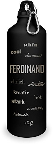 printplanet Trinkflasche mit Namen Ferdinand - graviert mit Positive Eigenschaften, Aluminiumflasche mit Gravur, Sportflasche - matt schwarz