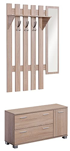 HOMCOM Set Arredo Guardaroba 3 in 1 con Specchio e Scarpiera da Ingresso Pannello Truciolare 90 x 21.5 x 116cm Quercia