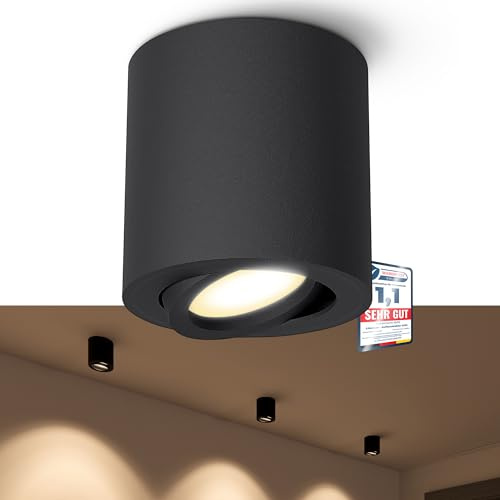 linovum CORI Aufbauspot schwarz rund schwenkbar GU10 2W warmweiß inkl LED | Schwenkbarer Deckenspot schwarz - 30° neigbar, warmweiß, für Schlafzimmer, Wohnzimmer & Büro, direkt an 230V, inkl. GU10 LED