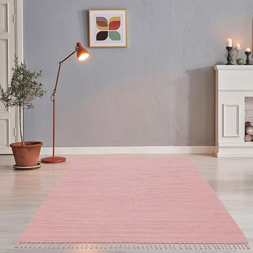 Theko | Dhurry Teppich aus 100% Baumwolle Flachgewebe Teppich Happy Cotton | handgewebt | Farbe: Rose | 70x250 cm