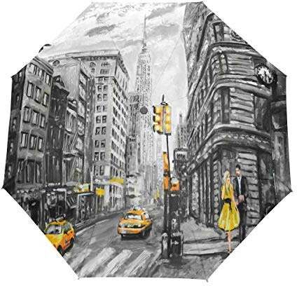 RXYY Man Frau Gelb Taxi New York Ölgemälde Falten Auto Öffnen Schließen Regenschirm für Frauen Männer Jungs Mädchen Winddicht Kompakt Reise Leicht Regen Regenschirm