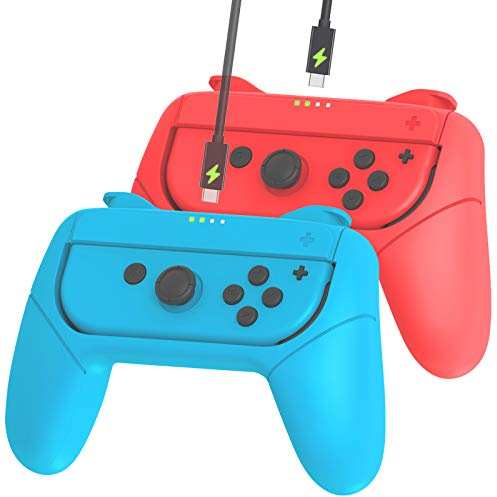 Lot de 2 poignées Joy Con compatibles avec Nintendo Switch Joy-Cons pour plus de confort avec fonction de charge (1 rouge et 1 bleu)
