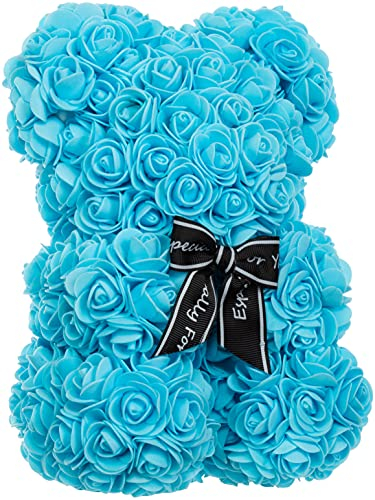 Brandsseller Osito de Rosas Artificiales 25x16 cm – Oso Hecho a Mano con Flores de Seda, Regalo Romántico para Cumpleaños, San Valentín, Día de la Madre – también con Caja de Regalo – Azul
