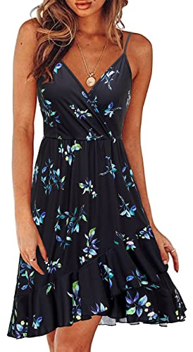 ULTRANICE Damen Sommerkleider Blumenmuster Kleid V-Ausschnitt Strandkleid Verstellbaren Spaghettiträger Rüschen Freizeitkleid(Floral-35,S)