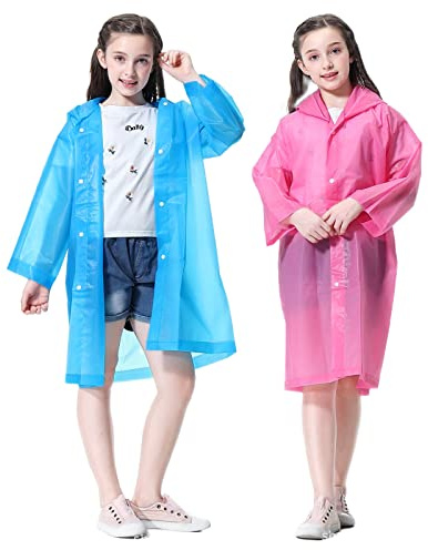 YUNLOVXEE Rain Poncho for Kids Raincoat, 2-5 Pack Reusable EVA Rain Coats for 6-14 Boys Girls, Rain Jackets Gear with Hood (Pink+Blue)