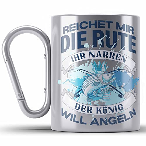 Trendation - Angler Edelstahl Tasse Karabiner Geschenk Männer Spruch Lustig für Fischer Geschenkidee Angeln Becher (Silber)
