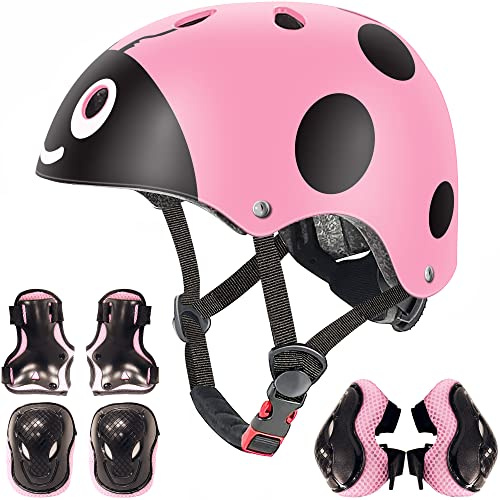 Casco regolabile per bambini e attrezzature di protezione, ginocchiere, gomitiere e polsi, colore rosa Ladybug, S (3-8 anni di età)