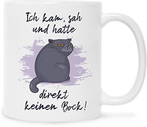 GRAVURZEILE Bedruckte Tasse mit Spruch - Ich kam, sah und hatte direkt keinen Bock V2 - Lustiges Geschenk mit Katze - Geschenke für Kollegen im Büro - Geschenk für Sie & Ihn - Farbe: Weiß