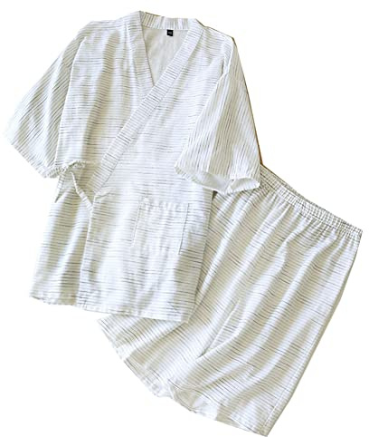 OWLONLINE Pyjama Kimono Japonais pour Homme Haut à Manches Courtes et Pantalon Ensemble de Pyjama de Nuit Taille XL-Blanc