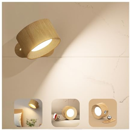 Feallive LED Wandleuchte Innen, Wandlampe mit Akku 1 Stück,Touch Control 3 Helligkeitsstufen, 360° drehbare, für Wohnzimmer Schlafzimmer TreppenhausFlur kabellose wandleuchten Holzmaserung