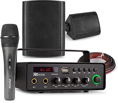 Power Dynamics 12V Outdoor PA System - Weatherproof Speakers and Battery Powered Audio Amplifier, Public Announcement Kit for Vehicle, Food Truck, Caravan – Wired Mic & Bluetooth Connectivity