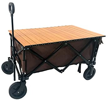 Användningsvagn trädgård-vagn hopfällbar med trärulle topp, justerbart handtag, droppgrind, alla terränger hjul tung vikbar ram rymmer 175 lbs, brun för camping, stranddag, picknick, shopping