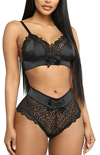 ROSVAJFY Set Lingerie Spalline Sexy Donna Fiocco Pizzo Completo Intimo 2 Pezzi Push up Fionda Reggiseno Perizoma Scollo V Regolabili Bralette+Vita Alta Slip Hot Babydoll Biancheria Intima (Nero, S)