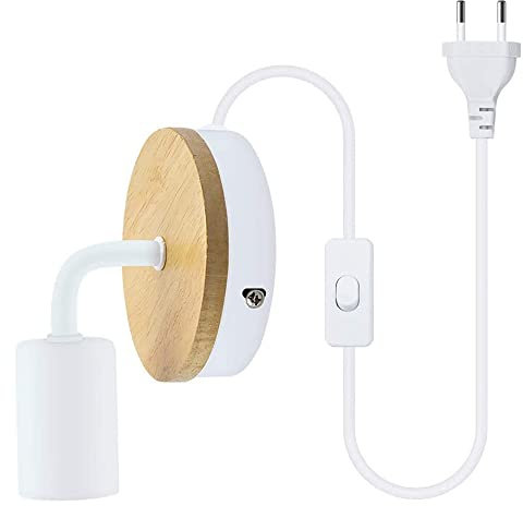 Mengjay Lámpara de pared E27 con interruptor, lámpara retro, metal y madera, 220V, casquillo E27, bombilla enchufe europeo, cable 1,8 m para dormitorio, bar, restaurante, cafetería, etc. (Blanco)