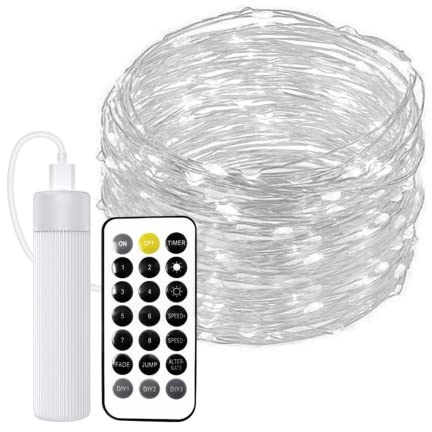 JANDEI - Micro-LED-Lichterkette, Lichtstreifen mit Fernbedienung, Timer, Wiederaufladbar über USB (1800-mA-Akku). Innen- und Außendekoration für Partys, Weihnachten (Kaltes Licht, 20 Meter)