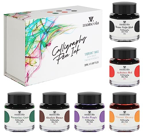 Mancola Lot de 6 flacons d'encre pour calligraphie, 6 couleurs, encre non carbone, dessin, écriture, art, artisanat, calligraphie, bouteilles de 28 ml