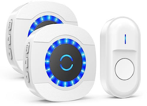 Wireless Doorbell, Waterproof Wall Door Entry Bell Cordless Door Chime Kit with 2 Plug-in Receivers at 1,000feet / 300m Range, 55 Chimes, 5-Level Volume, LED Light (White)