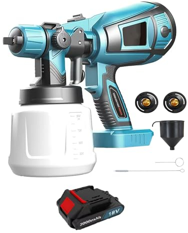 Akku Farbsprühsystem,kompatibel mit Makita 18V Akkus, Elektro Lackierpistole mit 3 Düsen, 3 Spritzmuster,800ml farbsprühgerät,Hohe Leistung，zum Streichen von Wänden(1x3000mAh Akku und Ladegerät)