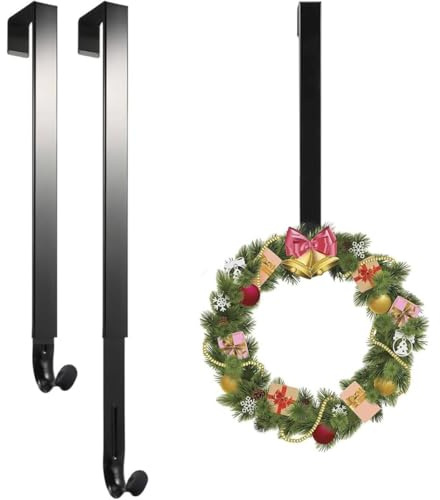 Linwnil Kranzaufhänger, verstellbare Länge 35,6 bis 66 cm, Kranzhalter, Haken, 9 kg, strapazierfähig für Haustür, Dekorationen (schwarz, 2 Stück)