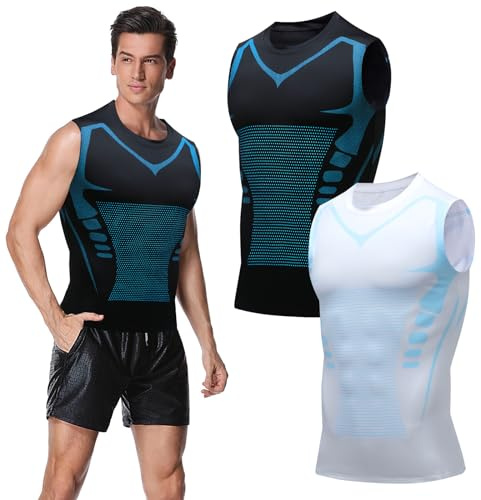 Ronronner 2 piezas 2024 Ionic Shaping Chaleco, Ionic Shaping Camiseta interior para hombre, forma corporal, transpirable, tejido de seda de hielo - Ropa deportiva para hombres, negro y blanco, XL