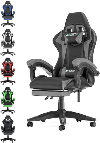 Bigzzia Gaming Stuhl, Ergonomisch Gaming Chair mit Fußstütze, PC-Stuhl Grau | Gaming Sessel mit Lendenkissen+Kopfstütze, 90–135° Rückenlehne, höhenverstellbar, Computerstuhl für Erwachsene und Jungen