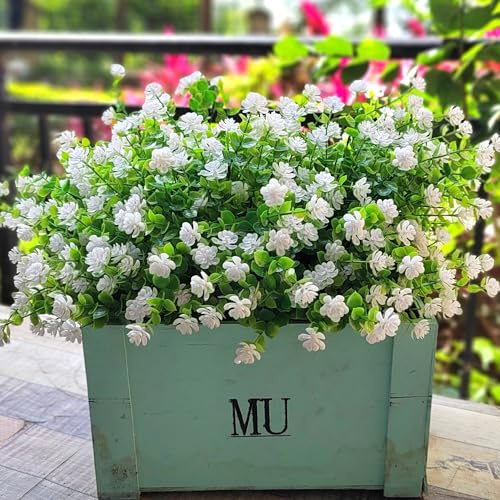 Grunyia Artificial Flower Bundles, 12 PCS, UV Resistant Outdoor Plants, Faux Flowers and Shrubs (White)