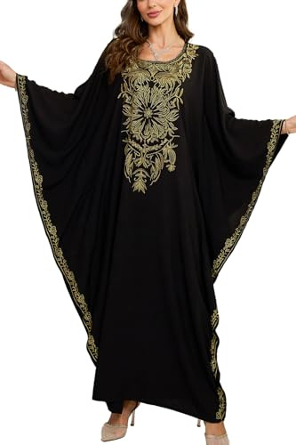 YouKD Kaftan med blommigt broderi, bohemisk strandklänning, bikini-coverup, lång strandkaftan för damer