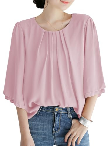 Qin Derdom Camicetta in Chiffon da Donna - Elegante T-Shirt in Garza con Volant a Maniche 3/4, Tunica da Donna Fluida, Top Estivo Chic per Cerimonie