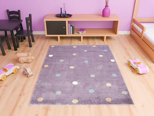 AKCILA Lima rechteckig Kinder Teppich Lila 120x170 cm, Kinderzimmer Kurzflor Teppiche| Kinderteppich Mädchen| Kids Carpet |Spielteppich Kinder Babyzimmer Tepich |gepunktetes Muster |Wohnzimmer Teppich