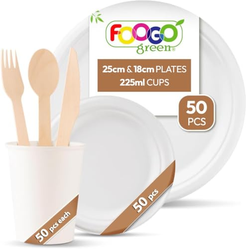 FOOGO Green 300pcs Disposable Sugarcane Fibre Paper Plates, Round | Paper Cups and Wooden Cutlery Set, FSC® Certified, 50x Large Round, 50x Small Plates, 50x Cups, 50x Forks, 50x Knives