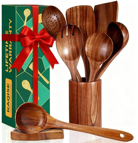 KAQISE KAQISE Küchenutensilien aus Holz mit Halter und Löffelablage, 8-teiliges Set, Holzlöffel und Spatel zum Kochen, Teak-Utensilien-Set zum Kochen, handgefertigte, ungiftige Holz-Kochutensilien für