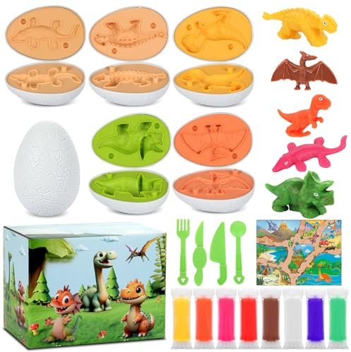 KOMABLEN 18 Stück Dinosaurier Knete Zubehör, Knete Set für Kinder 5 Dino Ei, Modelliermasse Dinosaurier Machen mit 8 Farben Knetmasse und Knetwerkzeug für Jungen und Mädchen ab 3 4 5 6 Jahre