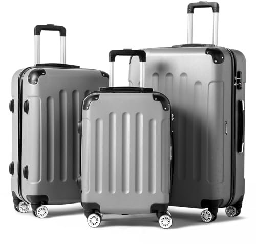 LALAHO Kofferset, 3-teilig (M, L, XL), Leichte Hartschalen-Trolleys aus ABS, Robust und Langlebig, Handgepäck mit 4 Rollen und Eckenschützern, Grau