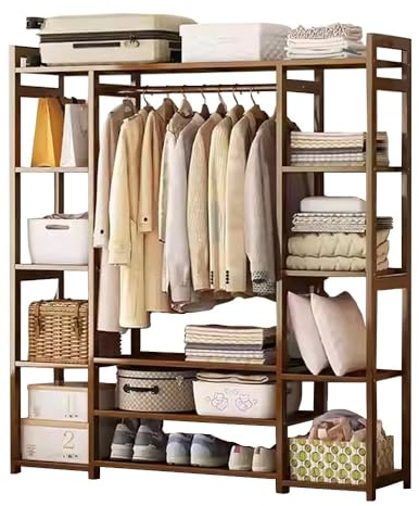 angroups Perchero Burro de Bambú, Armario Abierto Madera, Multifuncional Perchero de Pie con Estantes y Ganchos para Ropa Zapatos Bolsas Canastas, Colgador Ropa para Salón 170x30x150cm