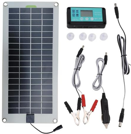 Kit Pannello Solare 30W 12V - Caricabatterie per Auto con Presa Accendisigari e Clip a Coccodrillo - Kit di Ricarica di Mantenimento Plug and Play per Camper