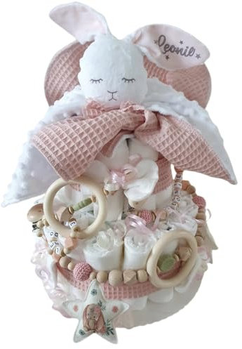 Windeltorte XXXL mit Namen - Kuscheltier Hase Hoppi - 2-stöckig - Geschenk, Babyparty, Geburt Taufe + Gratis Grußkärtchen