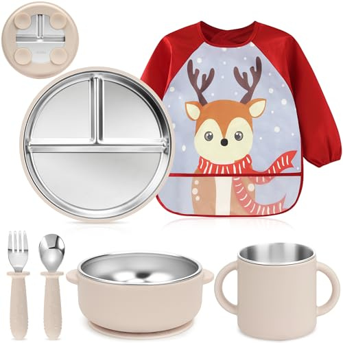 MOJINL Baby Porslinsset rostfritt stål med sugkopp, 6 stycken rostfritt stål barnsele set med bebistallrikar, drickkoppar, babyhaklapp med ärmar, baby sked gaffel skål, BPA-fri, diskmaskinssäker