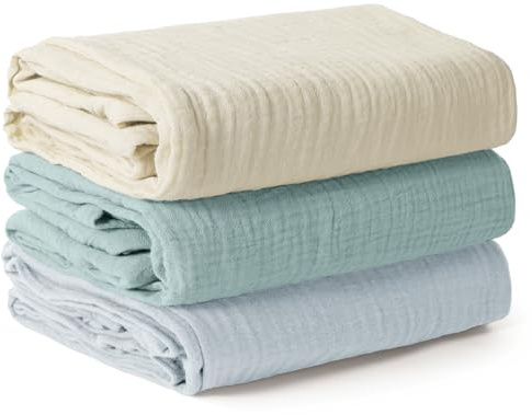 Peepeemax Couverture d’Emmaillotage pour Bébé, Grand Lange Bebe 100x100cm, Ultra Doux et Absorbant pour la Peau Mousseline Couverture pour Bébé Fille et Garçons, Lot de 3 (Bleu Ciel)