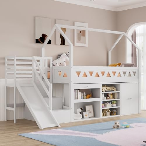 LTGB 3ft Children's Single Bed with Slide & Stairs - Multifunctional Solid Wood Bed Frame with Storage Drawers, Magnetic Locker Door, Suitable for Kids Boys Girls, 90x190cm, No Mattress - White
