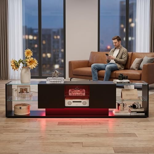 FOERPL LED-TV-bänk, 200 cm TV-bord, Tele skåp med LED-förvaringsutrymme, TV-bord vardagsrum med förvaring, TV-bänk låg garderob för vardagsrum, sovrum (H svart, 200 cm)