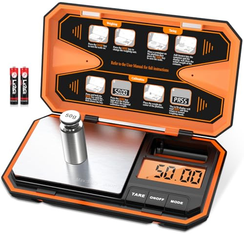 Brifit Feinwaage 0.01g, Waage Küche 500g / 0.01g Taschenwaage, Grammwaage, Digital Feinwaage mit EIN 50g Edelstahl Kalibriergewicht, Tara-Funktion, 6 Einheiten Konvertierung, LCD-Display, Auto-Off