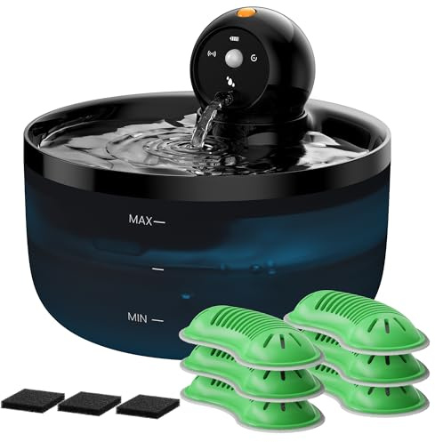 Fontaine Eau Chat sans Fil: Fontaine Chat Detecteur Mouvement - Fontaines a Eau pour Chats Rechargeable - Distributeur Eaus Chats Batterie - Distributeur Chien Automatique - 6 Filtres + 3 éponges